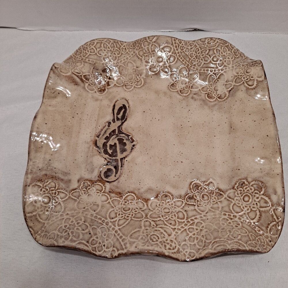 Sassy Pants Pottery Trinket Tray Treble Clef Note Scalloped Floral Glazed Signed